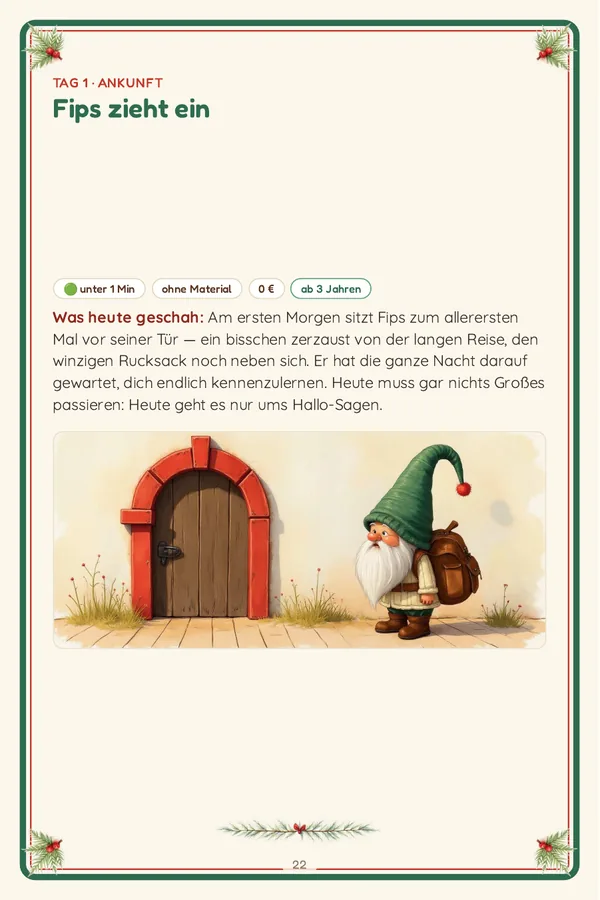 Innenseite: Tag 1, an dem der Wichtel Fips einzieht – farbige Illustration einer Wichteltür im Schnee